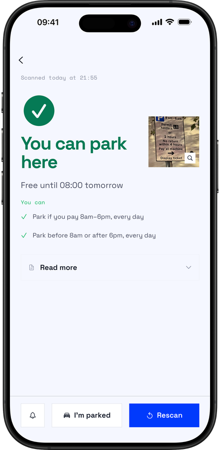 Kerbnow showing a free-to-park result with a live countdown
